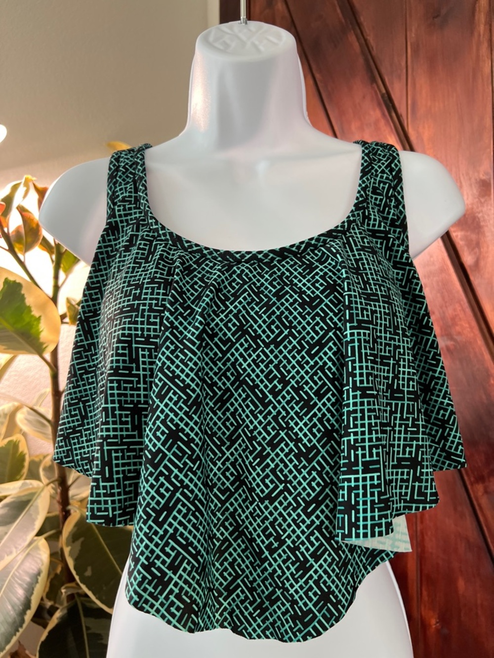 Black & Mint Patterned Flounce Bikini Top